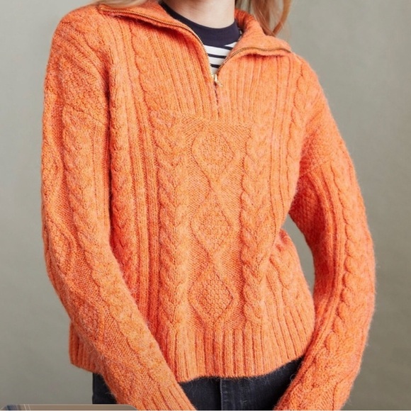 Anthropologie Orange Cable Knit Mock Neck Sweater S 1/4 Zip Pullover Very Soft - Picture 1 of 6